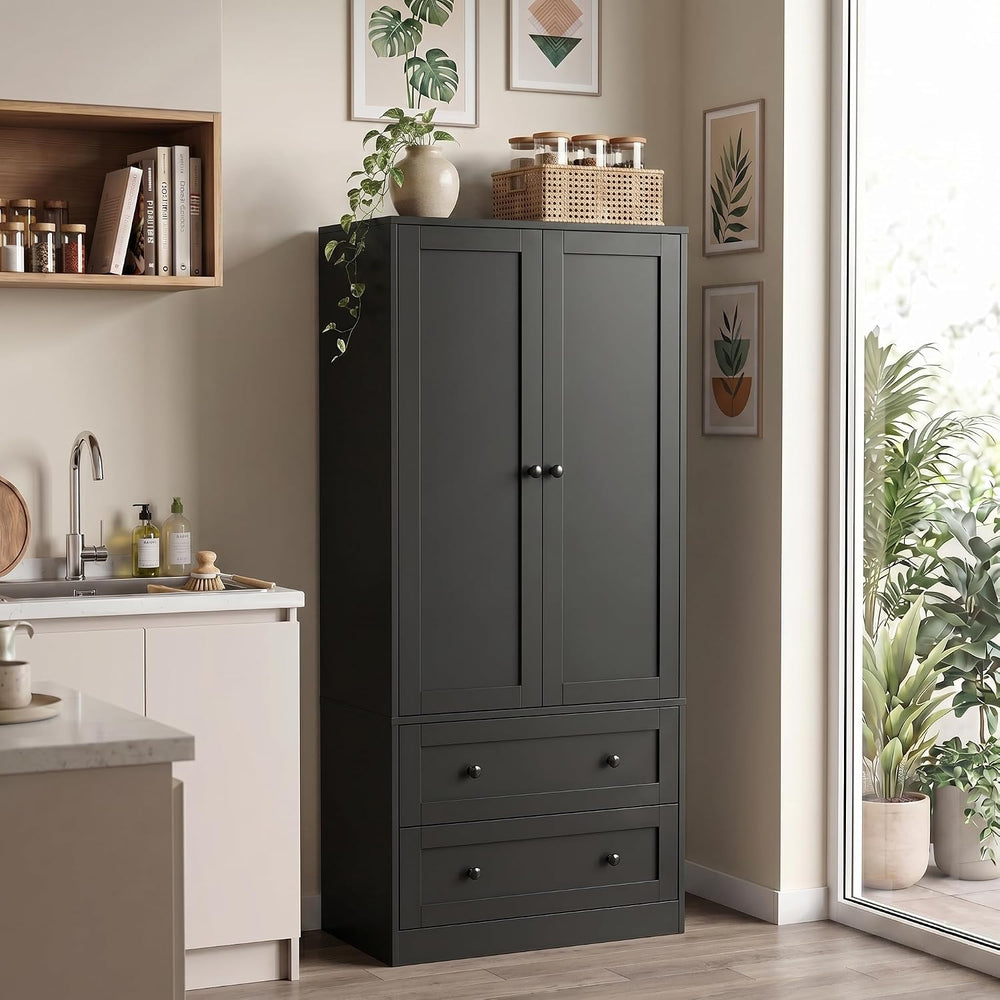 DIYART 64.2" Tall Black Kitchen Pantry, Storage Cabinet with Doors and D...
