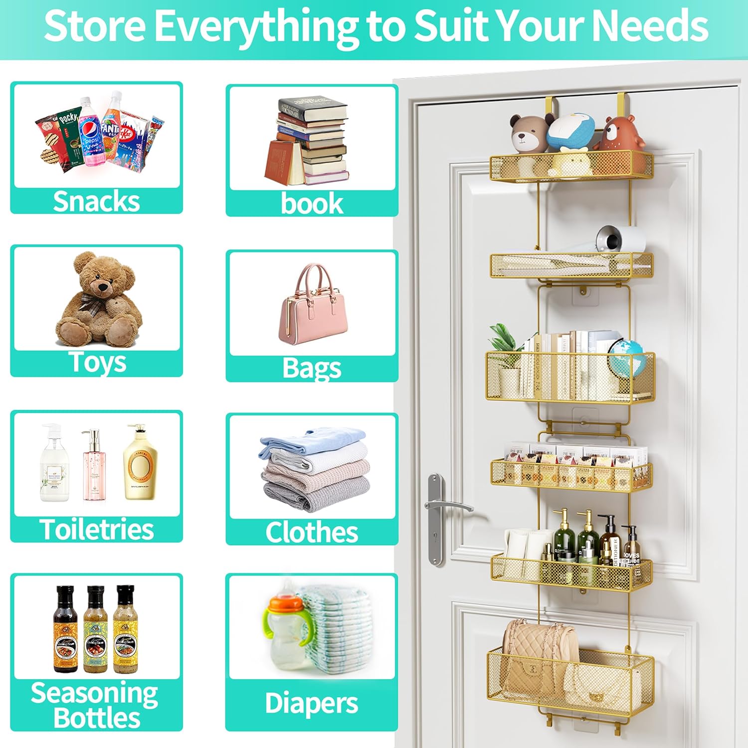 HapiRm Over Door Organizer Storage - Separable Door Organizer Hanging with 6 Metal Large Capacity Baskets for Bathroom Bedroom Kitchen Pantry Closet (Gold)