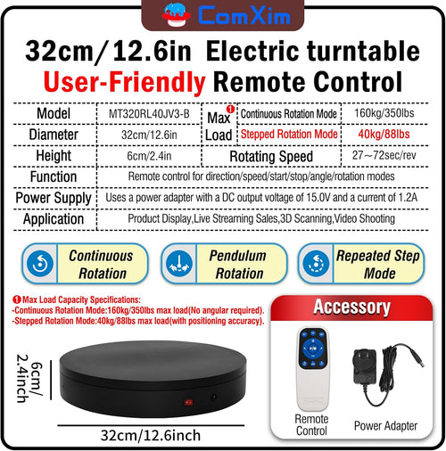 12.6Inch/350lbs Capacity Electric Motorized Turntable,Remote Rotating Display Stand ,Large Rotating Platform,Photography Turntable,Heavy Duty Display Turntables for Photography,3D Scanner,Exhibition
