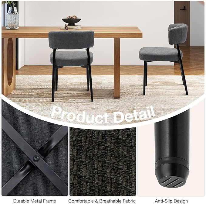 Sweetcrispy Dining Chairs Set of 4, Boucle Fabric Modern Mid Century Round Kitchen Chairs with Curved Backrest & Metal Legs for Vanity, Living Room - Modern Grey