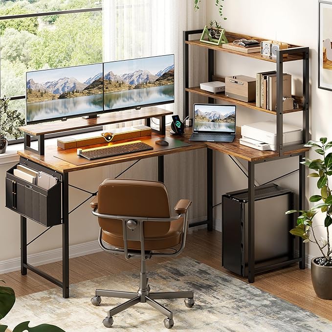 Homieasy L Shaped Computer Desk with Bookshelf, 47 Inch Reversible Corner Gaming Desk with Charging Station & Led Light, Home Office Desk with Hutch Monitor Stand Storage Shelves Bag, Rustic Brown