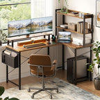 Homieasy L Shaped Computer Desk with Bookshelf, 47 Inch Reversible Corner Gaming Desk with Charging Station & Led Light, Home Office Desk with Hutch Monitor Stand Storage Shelves Bag, Rustic Brown