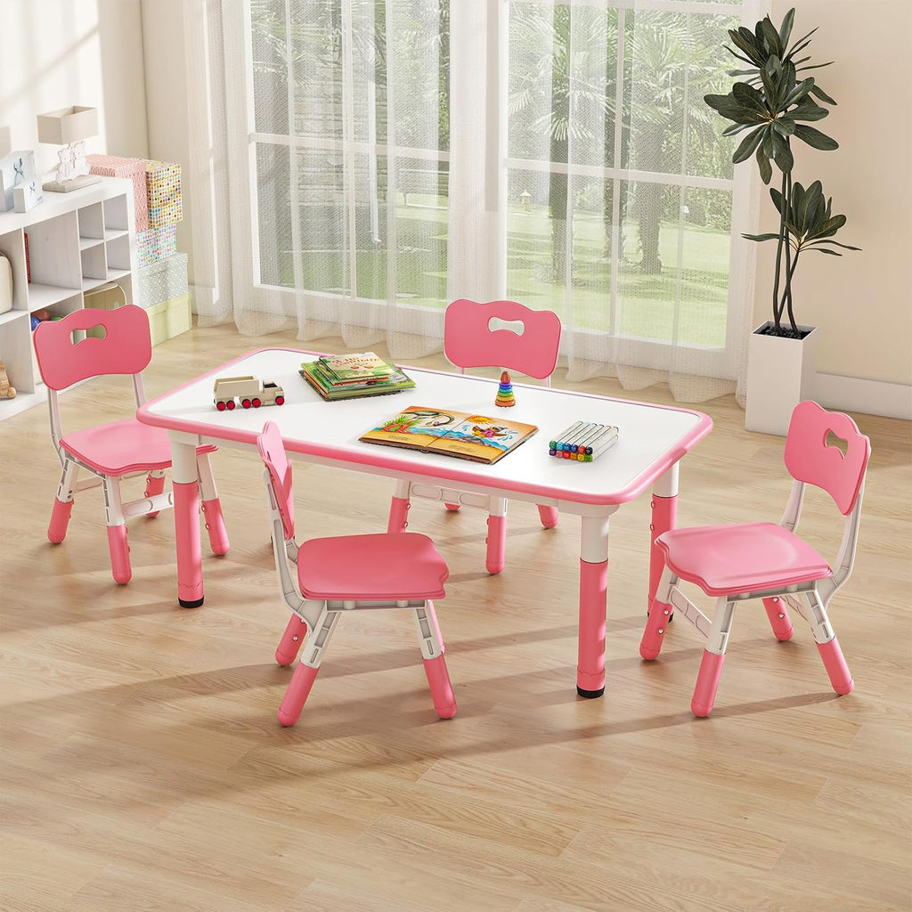 INFANS Kids Table and Chiar Set, Height Adjustable Toddler Desk and 4 Chairs with Graffiti Desktop Non-Slip Legs, Large 47" L x 23.5" W Multi-Activity Art Table for Daycare Classroom Home (Pink)