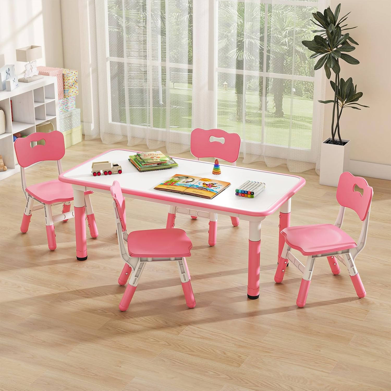INFANS Kids Table and Chiar Set, Height Adjustable Toddler Desk and 4 Chairs with Graffiti Desktop Non-Slip Legs, Large 47" L x 23.5" W Multi-Activity Art Table for Daycare Classroom Home (Pink)