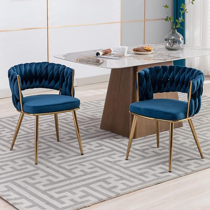 KCC Modern Velvet Dining Chairs Set of 6, Upholstered Living Room Chair with Woven Back and Golden Metal Legs, Mid-Century Accent Side Chair for Dining Room, Kitchen, Blue