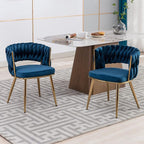 KCC Modern Velvet Dining Chairs Set of 2, Upholstered Living Room Chair with Woven Back and Golden Metal Legs, Mid-Century Accent Side Chair for Dining Room, Kitchen, Blue