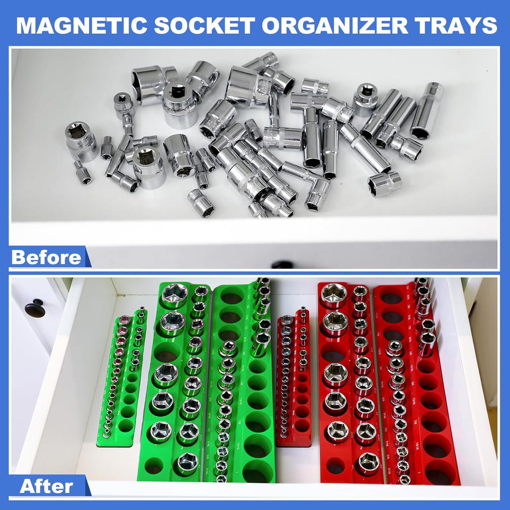12 Pcs Magnetic Socket Organizer Set Compatible with SAE and Metric Magnetic Holders 1/4'', 3/8'', 1/2'' Drive Socket Trays Hold 286 Standard and Deep Size, No Sockets(Colors A)
