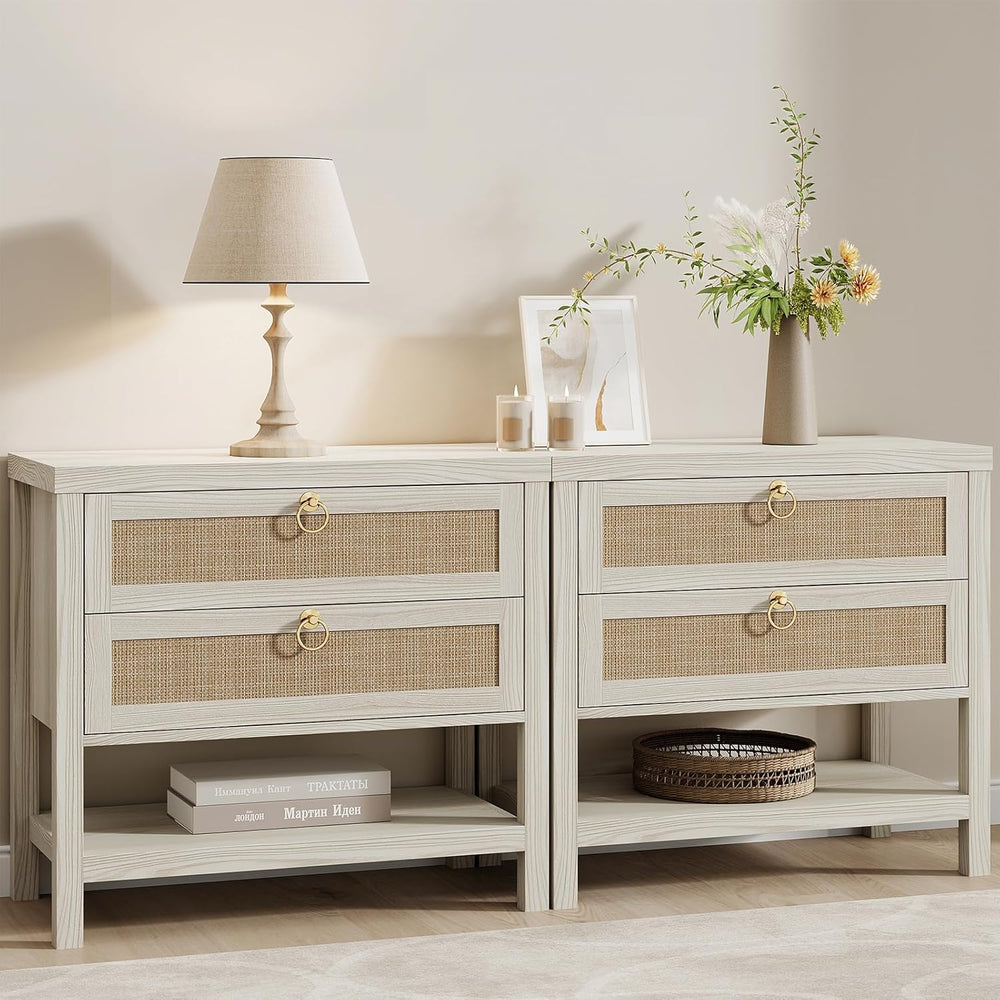 Eclatara Large Rattan Night Stand Set of 2 with 2 Drawers and Storage Shelf |...