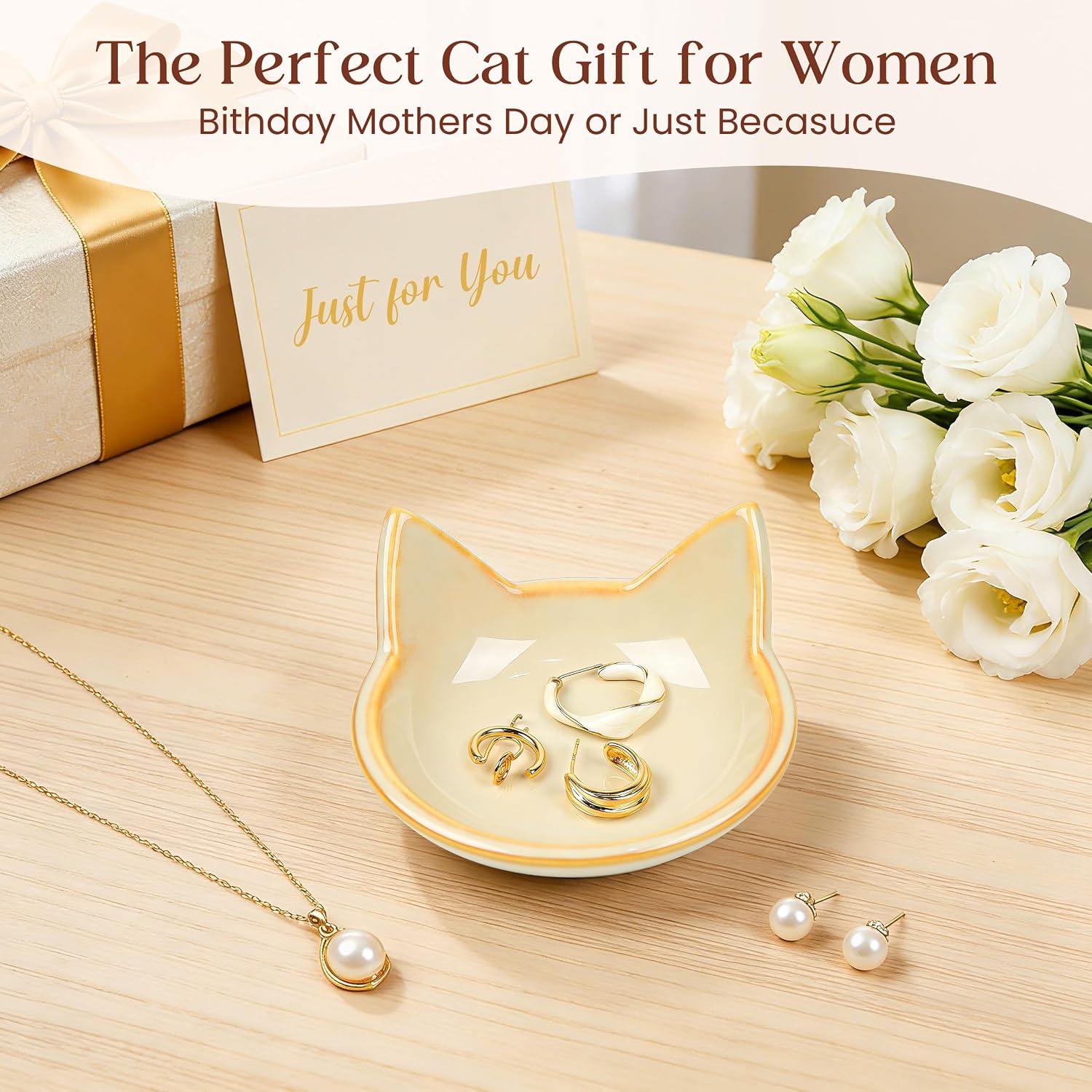 PUDDING CABIN Cat Gifts for Women Girls Kitty Jewelry Dish - Mother’s Day Birthday Gifts for Cat Mom, Vintage Ceramic Trinket Tray for Earrings Rings Keys Organizer Cute Home Decor