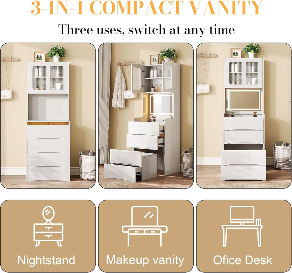 3 in 1 Small Vanity Desk Set with Flip-Top LED Mirror, Compact Makeup Desk wi...