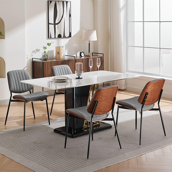 Dining Chairs Set of 4, Mid Century Modern Accent Dining Room and Kitchen Chairs, Upholstered PU Leather Vertical Stripe Chairs for Vanity with Walnut Bentwood and Metal Legs, Gray