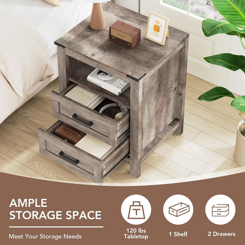 EazeHome Farmhouse End Table, 18” Wooden Side Sofa Table with 2 Drawers and O...