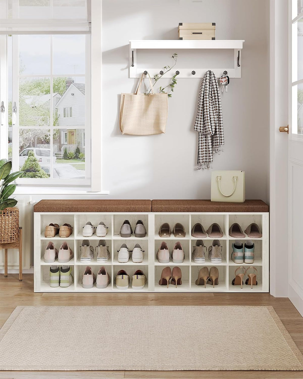 Hzuaneri Shoe Storage Bench with Cushion, Entryway Storage Bench with 18 Cubb...