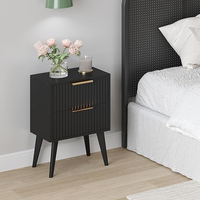 Fluted Nightstand with 2 Drawers,Modern Bedside Table with Metal Handles,Whit...