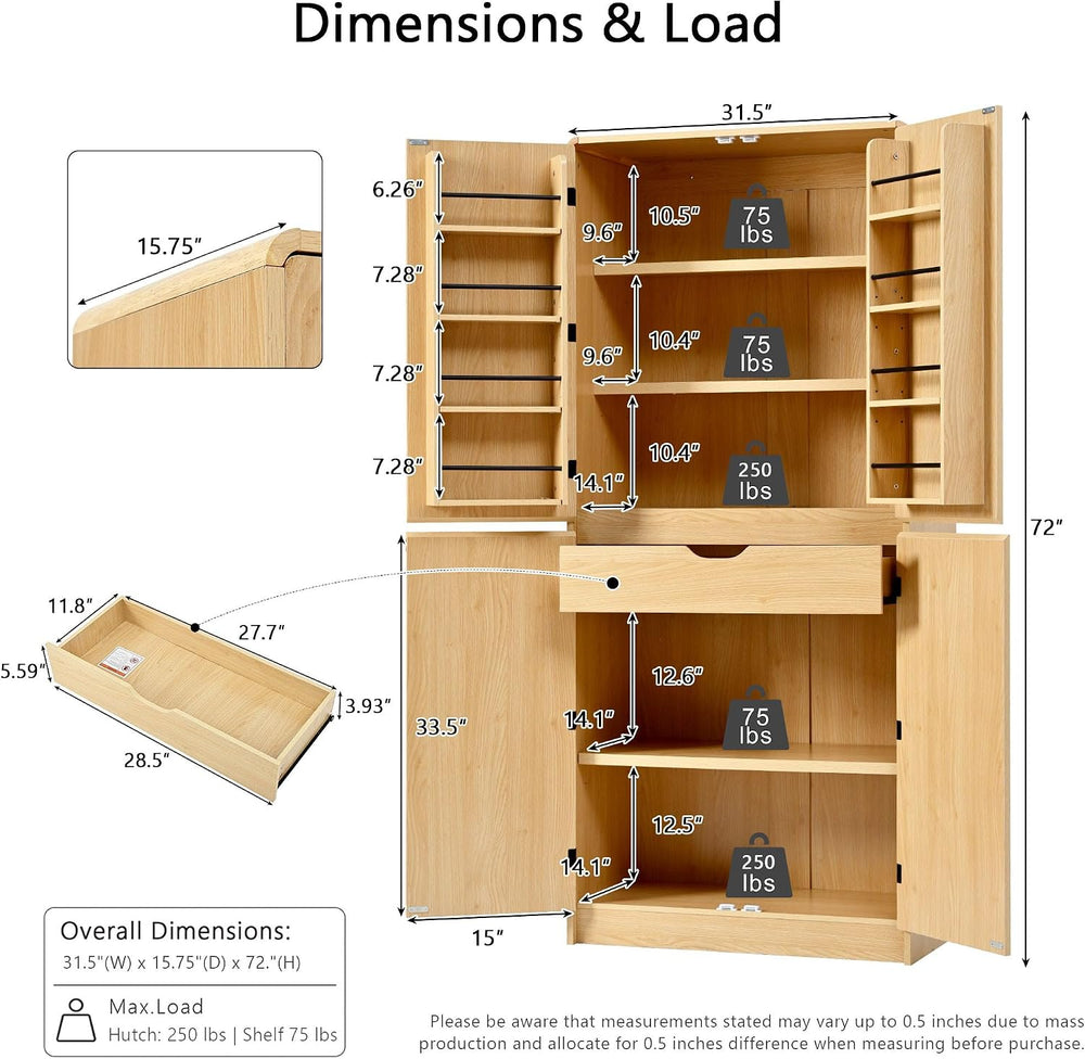 72" Tall Pantry Cabinets for Kitchen Storage, Natural Pantry Storage Cab...