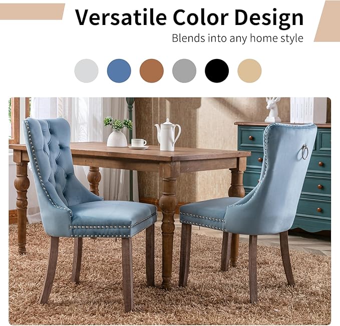 Modern Dining Chairs Set of 6, Tufted Upholstered Dining Chair with Solid Wood Legs, Light Blue Velvet Accent Chair, Sillas de Comedor, 6 Dining Chairs (Light Blue, Velvet, 6Pcs)