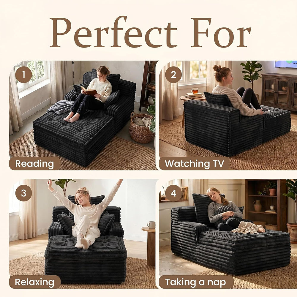 Chaise Lounge Couch Indoor, Small Corduroy Upholstered Sleeper Sofa Bed Readi...
