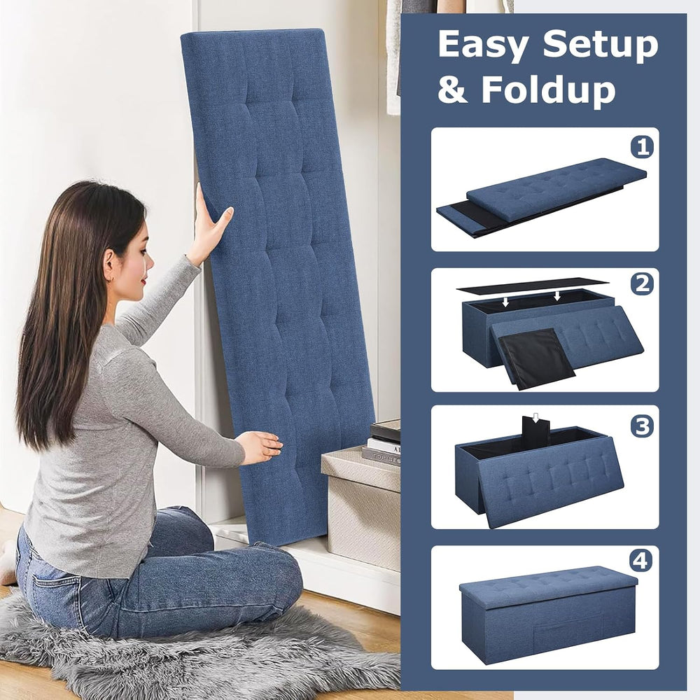 GOFLAME 43 Inches Folding Storage Ottoman Bench, Linen Fabric End of Bed Benc...