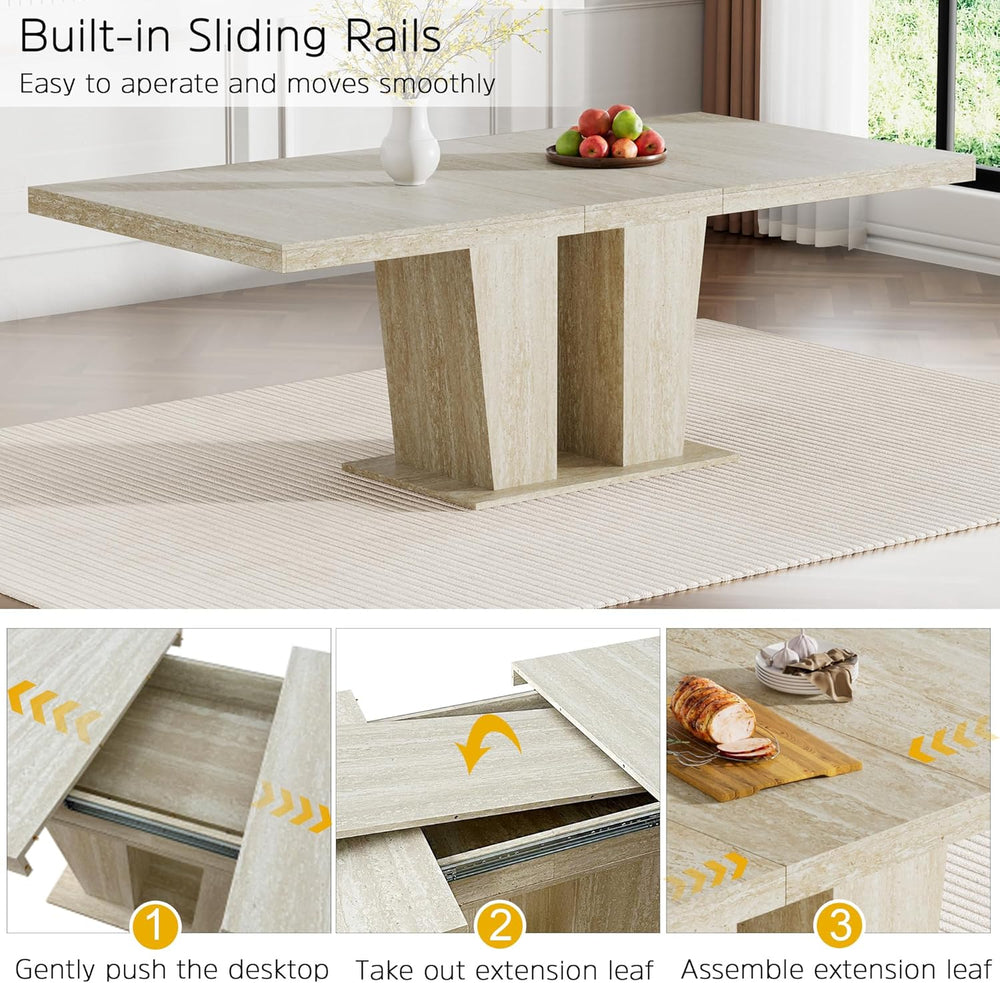 Modern Extendable Dining Table Set for 6, 78.74" Faux Travertine Expanda...