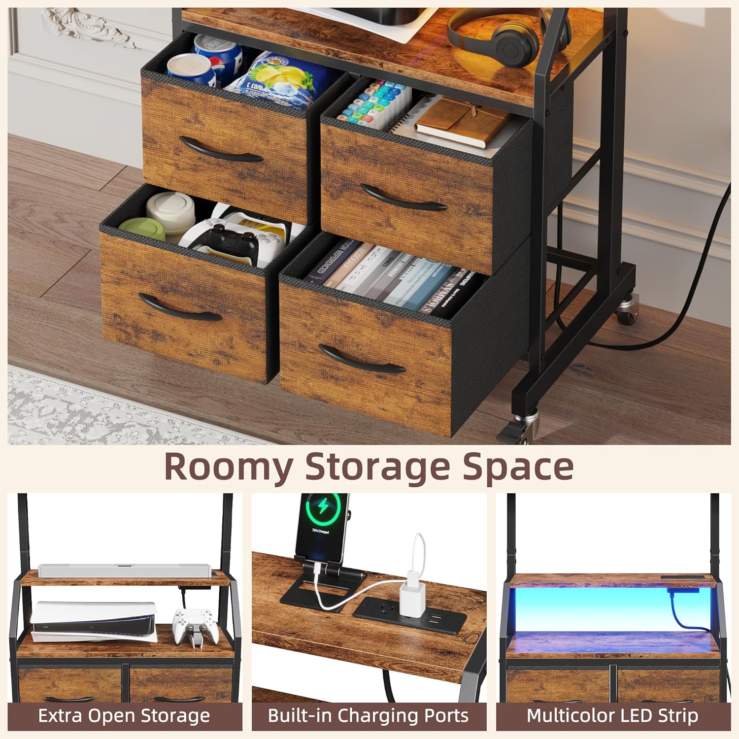 GYIIYUO Rolling TV Stand with Mount & 4 Fabric Drawers for 32-75 inch TVs | Holds up to 145 lbs with lockable rolling wheels, built-in 2 AC outlets and USB charging, great for apartments and bedrooms