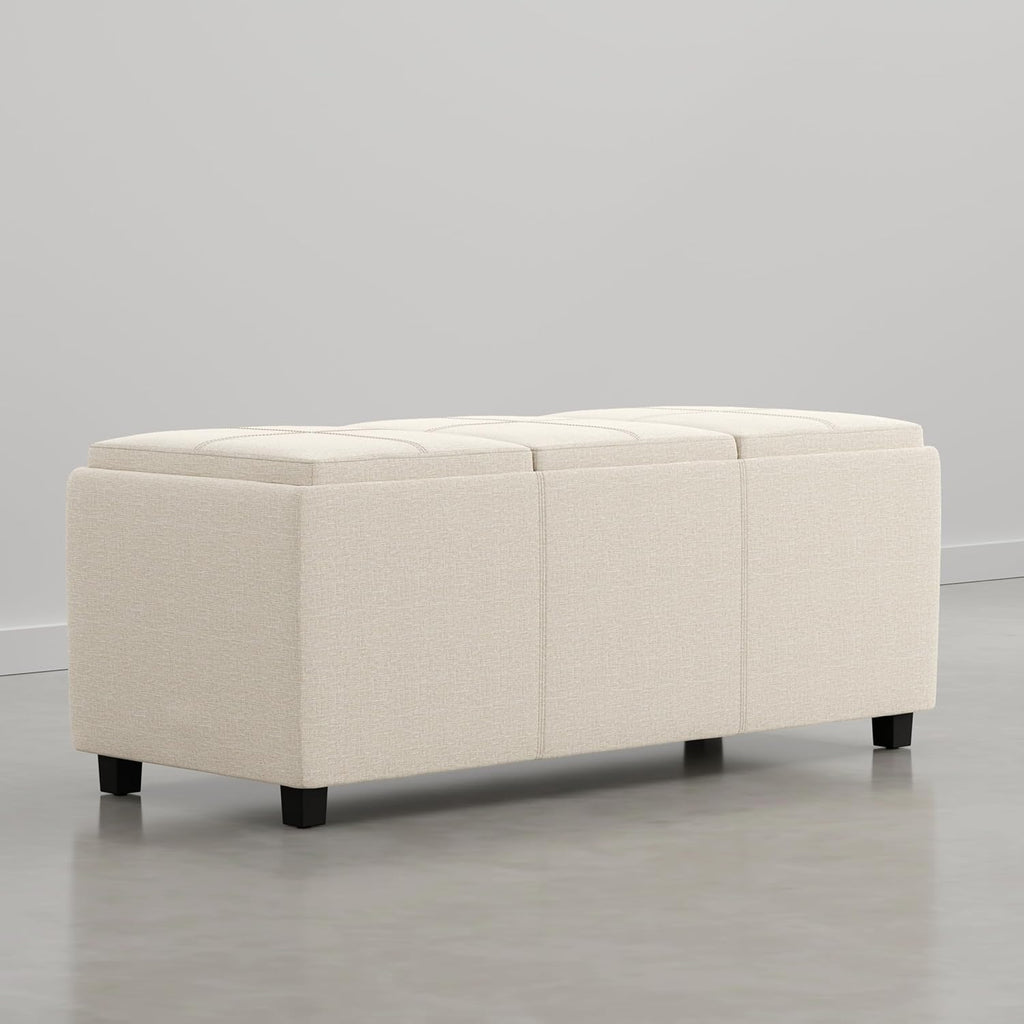 SIMPLIHOME Avalon Storage Ottoman - 42 inch Wide Upholstered Linen Look Fabric Rectangular Flip-Top Ottoman in Natural Beige, Contemporary Coffee Table Ottoman for Living Room with Hidden Storage