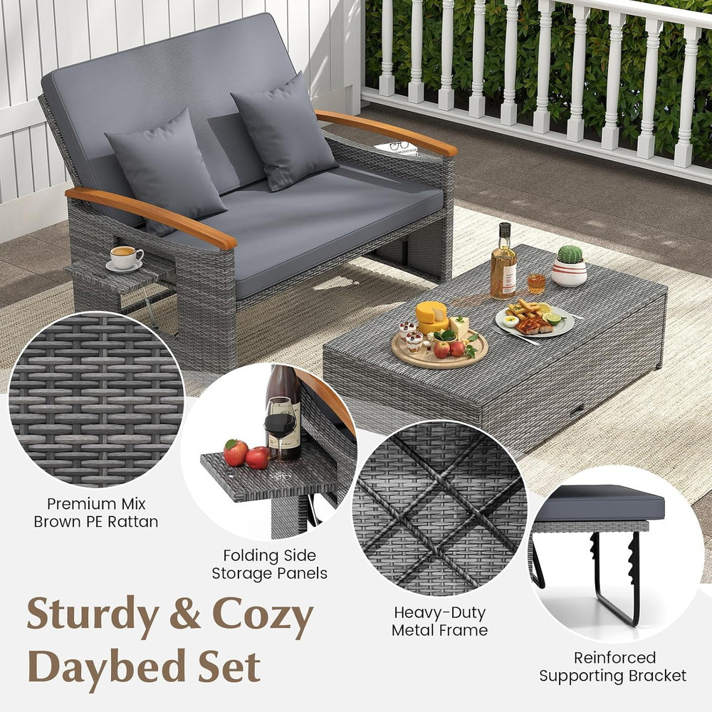 HAPPYGRILL Outdoor Wicker Sofa Daybed, Rattan Loveseat with Folding Panels &a...