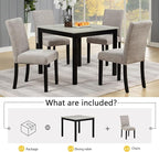 KEIKI 5-Piece Standard Height Dining Table Set with Square Table and 4 Upholstered Curved Backrset Chair, for 4 Person, Modern Wooden Table Set, Easy Assembly, for Kitchen, Dining Room, Black+Grey