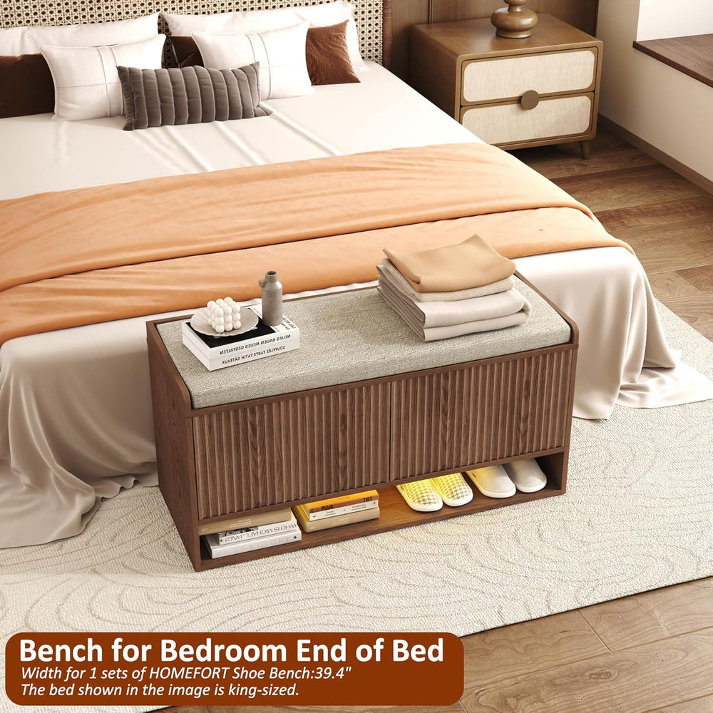 HOMEFORT 39.4" Fluted Shoe Storage Bench, Entryway Bench with Linen Seat...