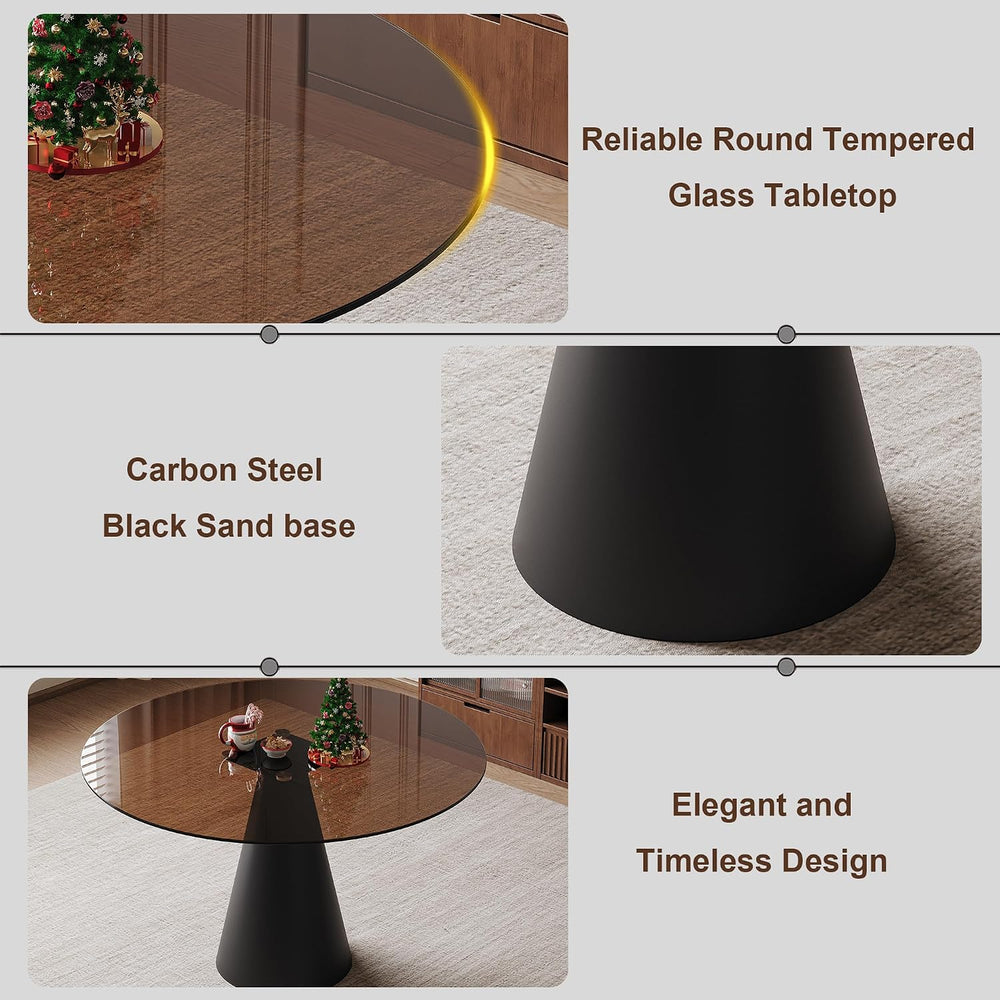 35 Inch Round Glass Dining Table, 8mm Tempered Glass Tabletop with Carbon Ste...
