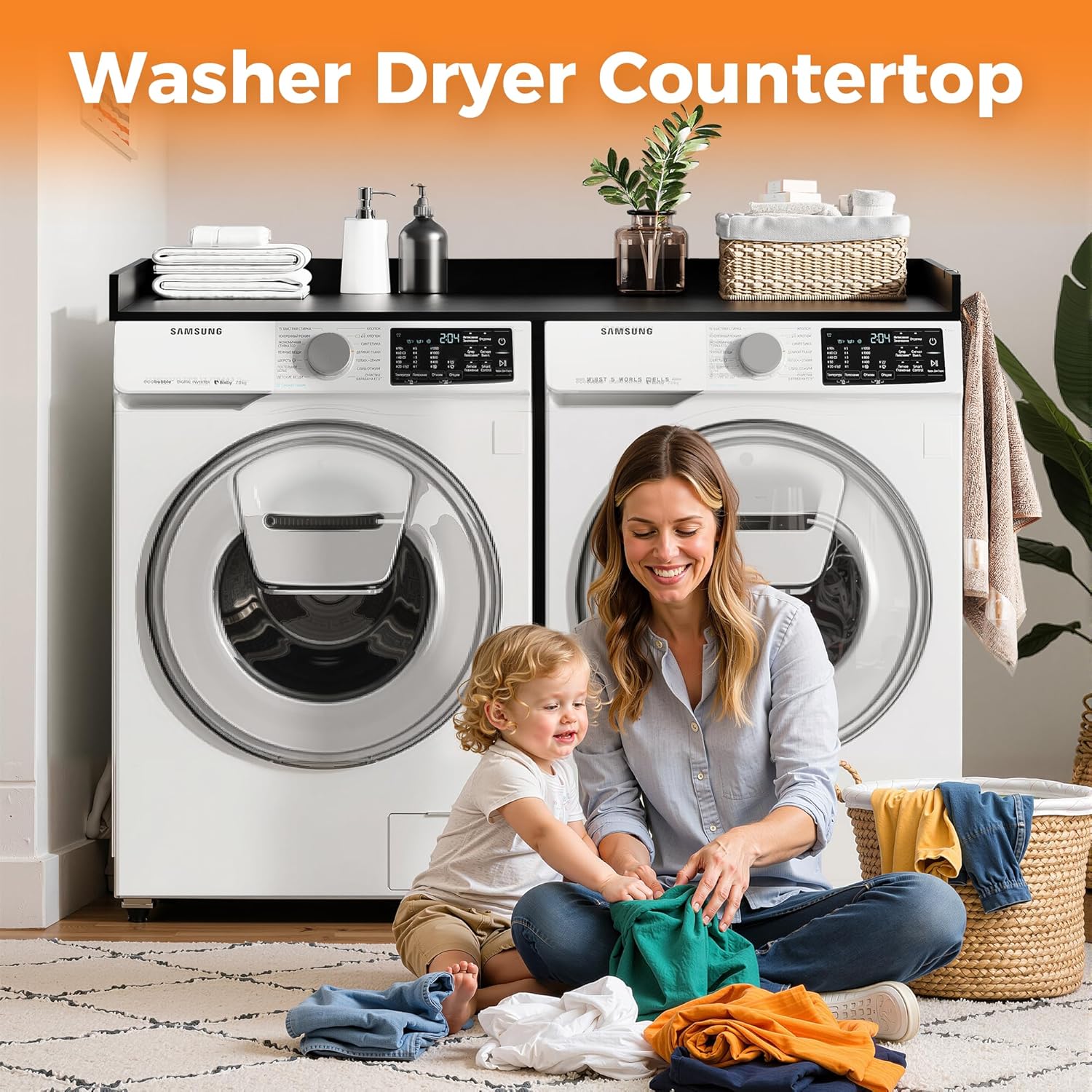 Washer Dryer Countertop, Wood Countertop with Edge Rails for Laundry Room Organization and Storage, Washer Dryer Topper for Laundry Room, 27.5" x 54" (Black)