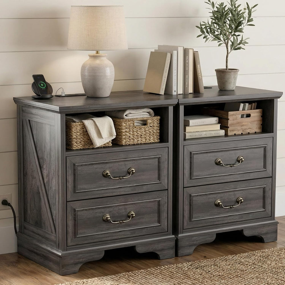 Farmhouse End Table Set of 2, Rustic Wood Nightstand with Charging Station, 2...