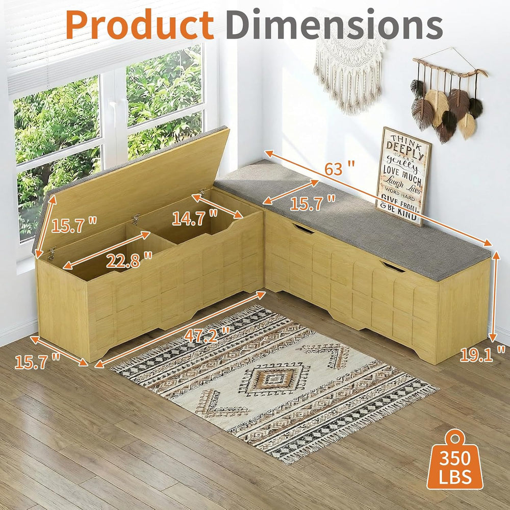 Zevemomo 63" L Shaped Storage Bench with Cushion, Kitchen Breakfast Nook...