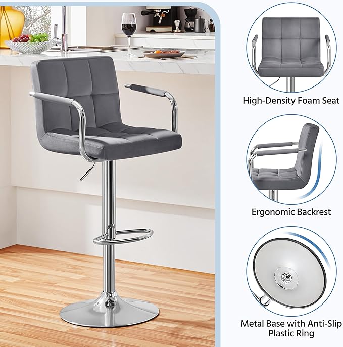 Yaheetech Counter Height Bar Stools Set of 2 Velvet Swivel BarStools for Kitc...