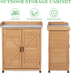 Outdoor Potting Bench with Storage Cabinet and Metal Top, Wood Workstation for Outdoor Patio, Garden (Light Brown, 31.5x17x39‘’)