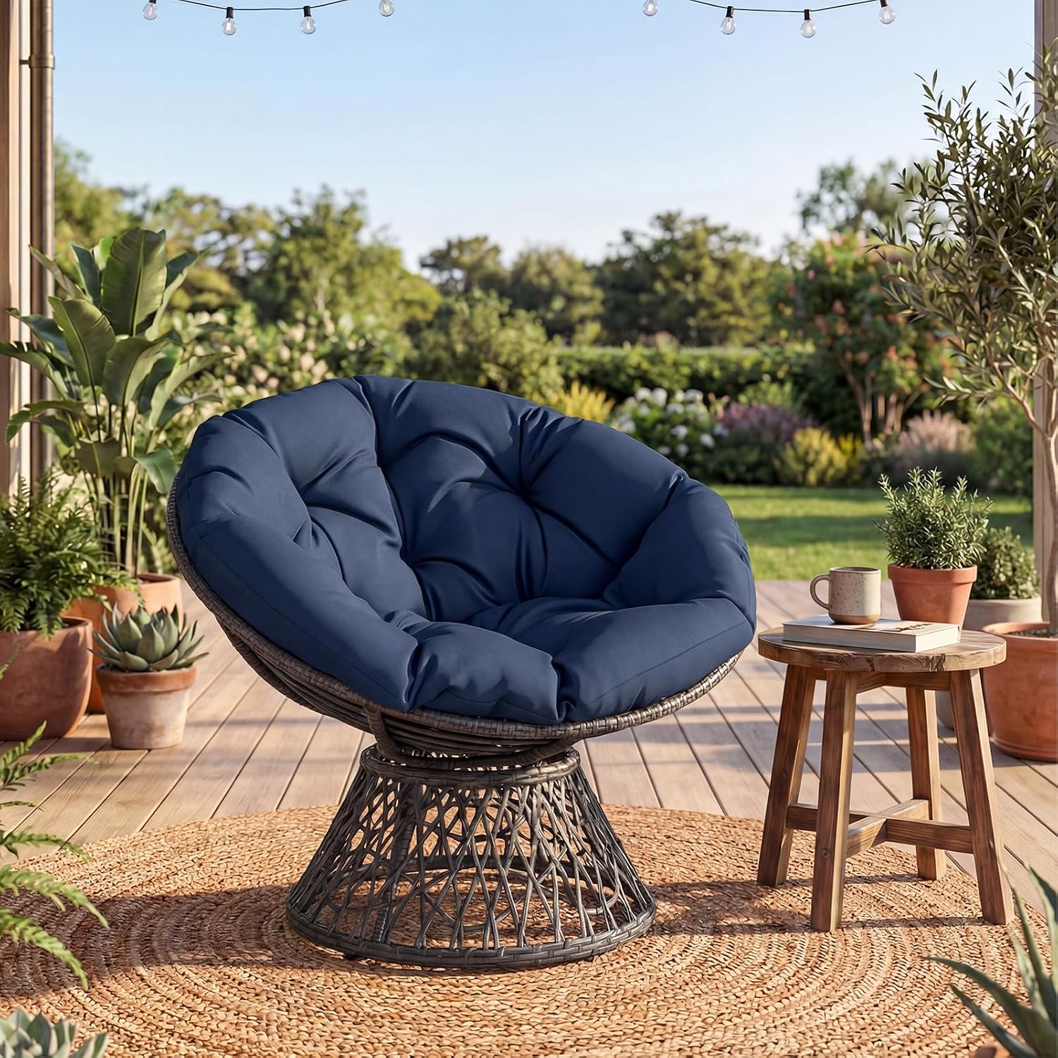 Giantex Wicker Papasan Chair with Soft Thick Cushion and High Capacity Metal Frame, 360° Swivel Ergonomic Lounge Reading Chair for Living Room, Bedroom, Patio, Indoor Outdoor Use (Navy Blue)