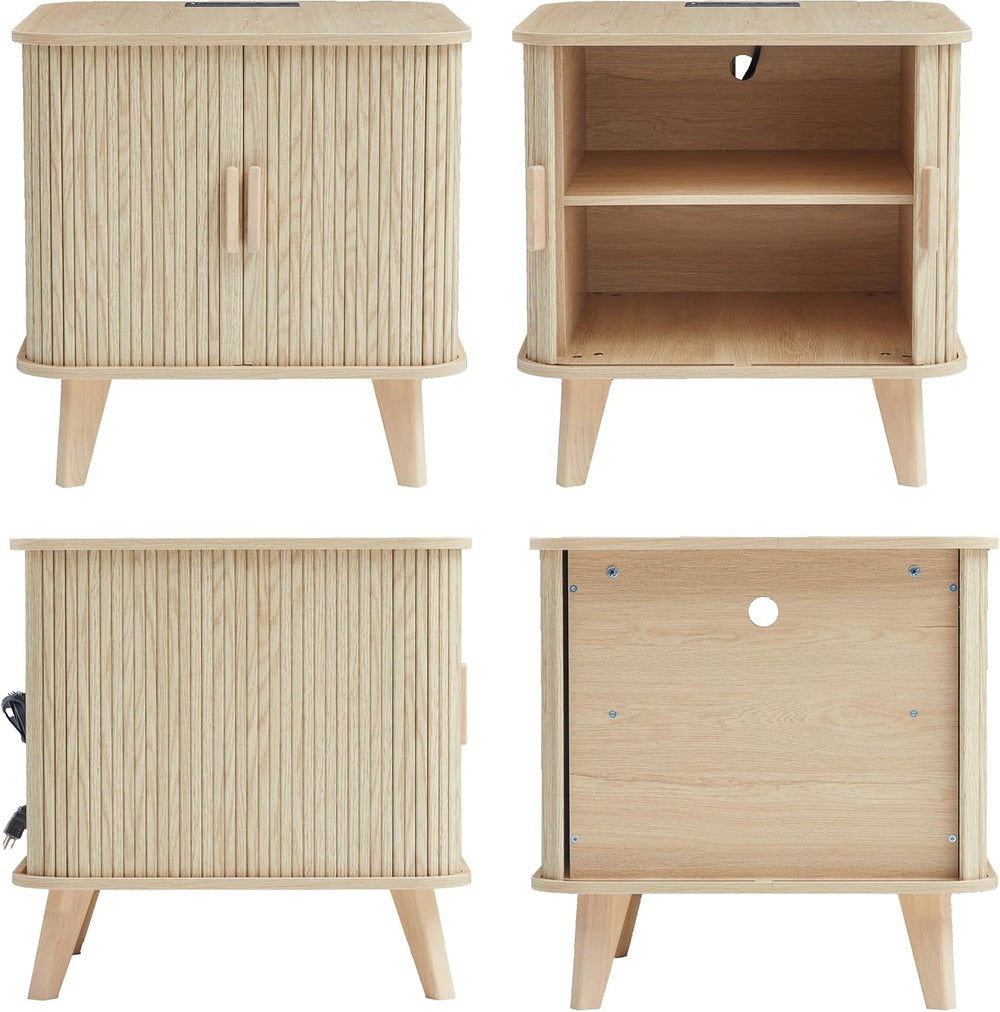 Nightstands Set of 2, 24 Inch Mid-Century Fluted End Table with Charging Stat...