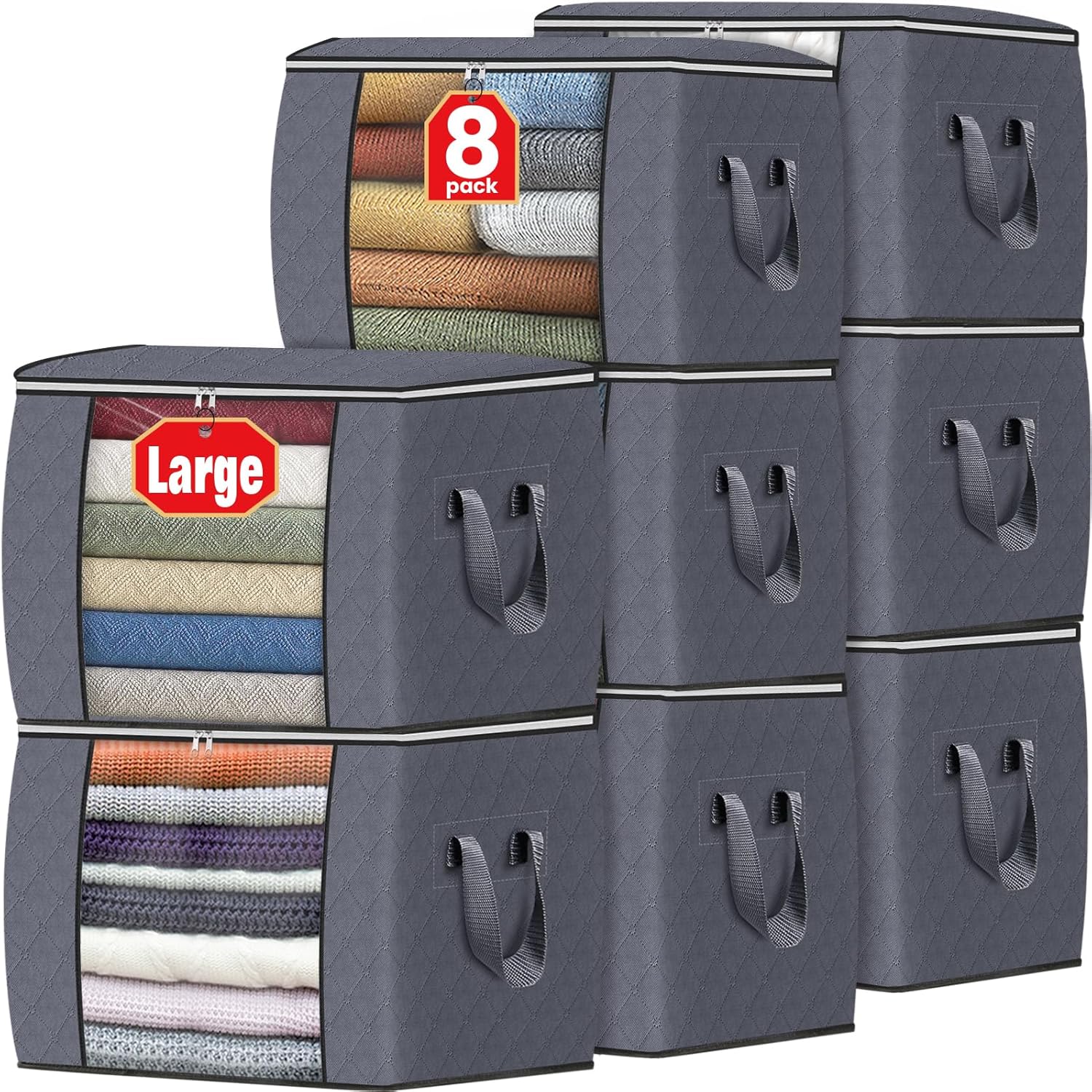 Fab totes 24 Gallons Clothes Storage, Foldable Thick Fabric Blanket Storage Bags, Containers for Organizing Bedroom, Closet, Clothing, Comforter, Organization with Handle (8 Pack,Grey)