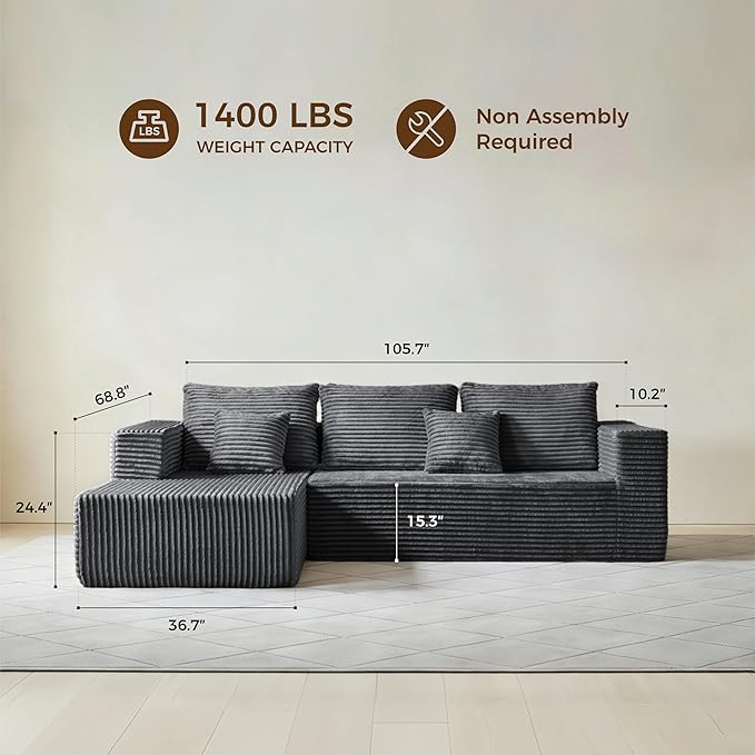 106" Dark Gray Corduroy Boneless Modular Sectional Sofa, Cloud-Louch Deep Seat Sofa with Left Chaise for Living Room & Bedroom（L-Shaped Right Hand Facing）