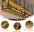 39.3IN Acrylic Ceiling Wine Glass Rack with Transparent Shelves, Hanging Wine Rack with Glass Holder and LED lights, 2 Layer Ceiling Bottle Holder Shelf for Bar Kitchen Decorate (39.3in/100cm)