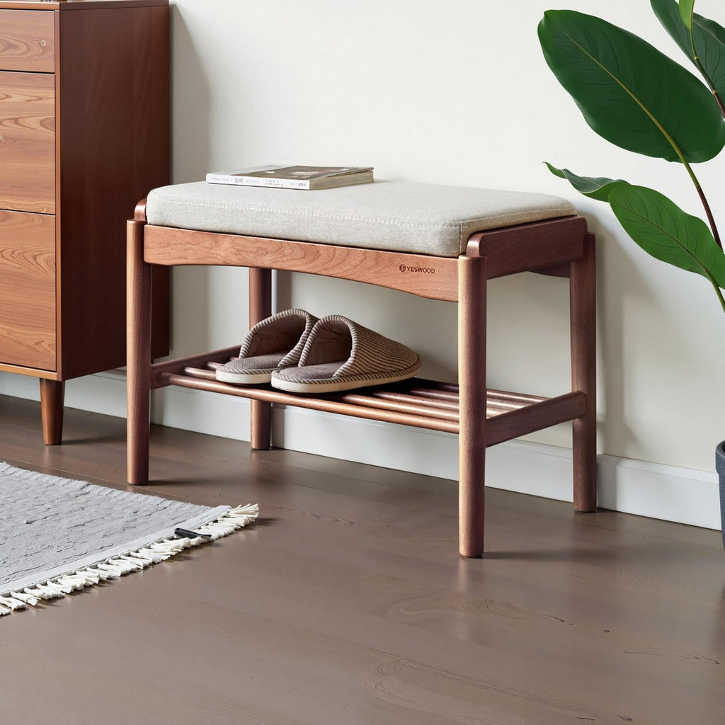 Solid Wood Shoe Bench, 24 Inch Entryway Bench with Light Gray Cushion | Warm walnut wood grain and light gray cushion create an elegant neutral bench for modern home interiors.