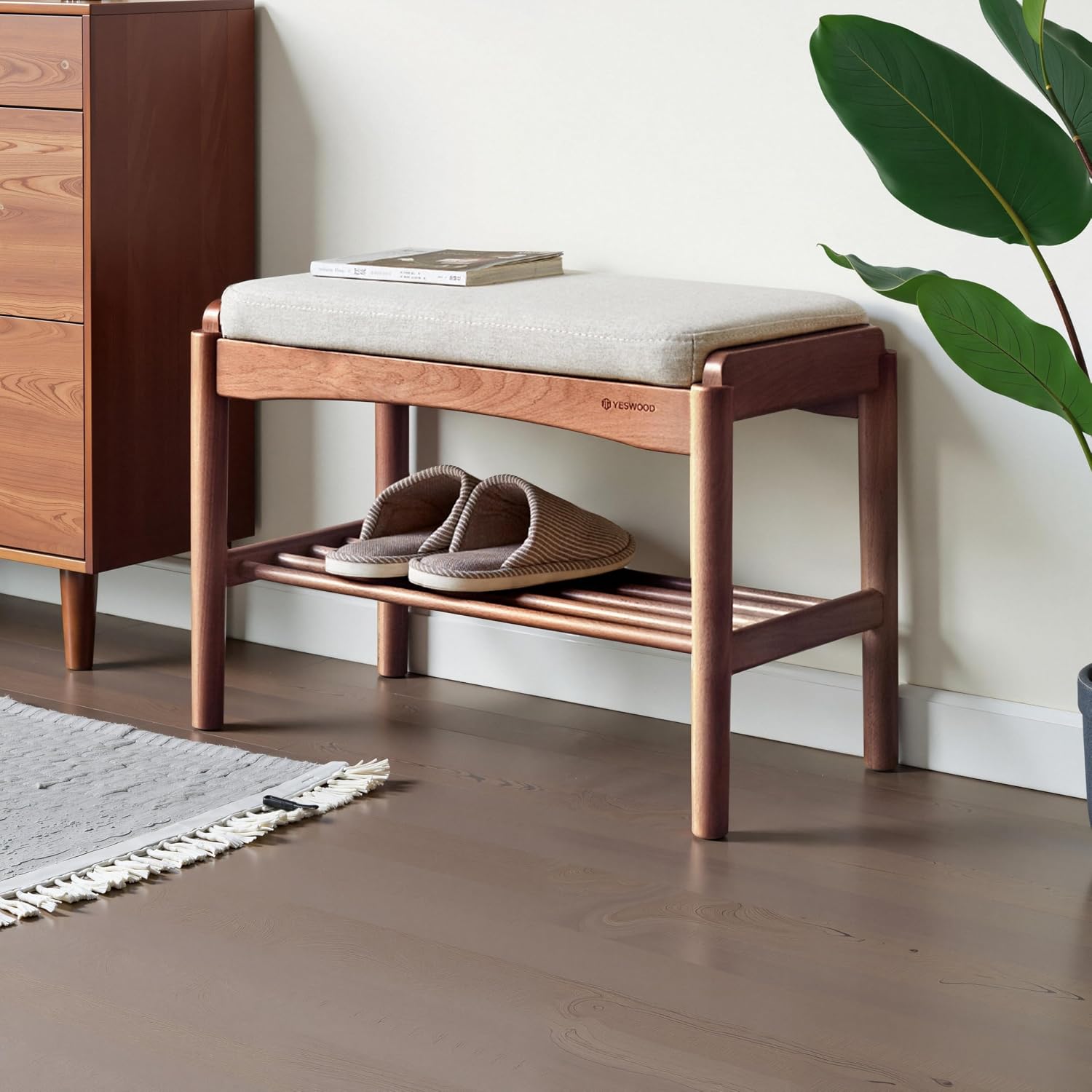 Solid Wood Shoe Bench, 24 Inch Entryway Bench with Light Gray Cushion | Warm walnut wood grain and light gray cushion create an elegant neutral bench for modern home interiors.