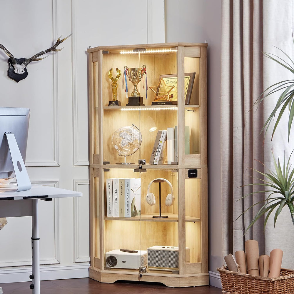 LELELINKY Farmhouse Corner Display Cabinet with Glass Doors, Corner Curio Cab...