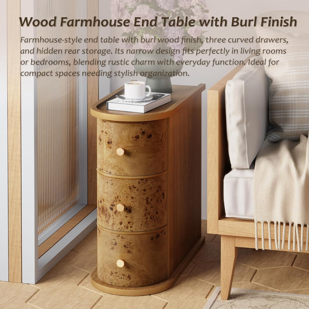 COZAYH 3-Drawer Wood Farmhouse End Table with Burl Finish, Narrow Rustic Sofa...