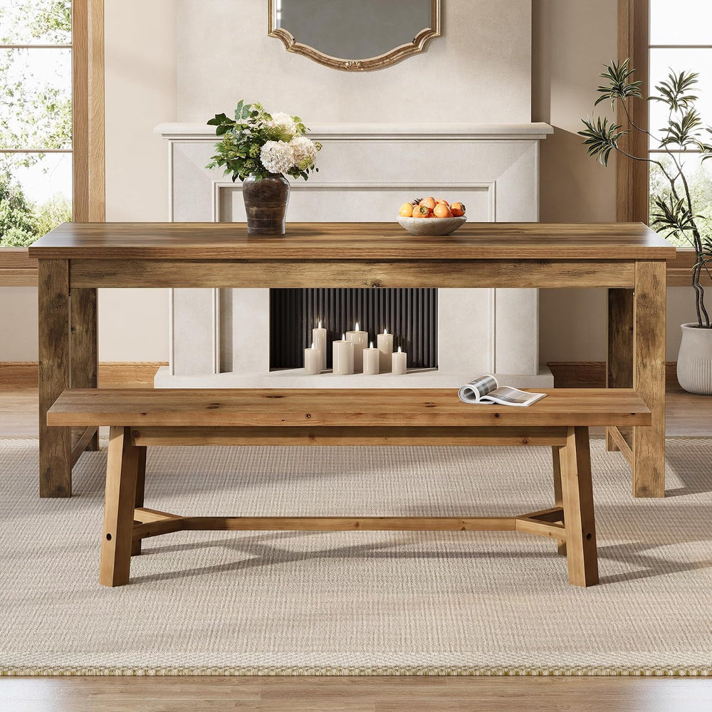 55.12-Inch Solid Wood Dining Bench, Farmhouse Long Kitchen Bench with Strengt...