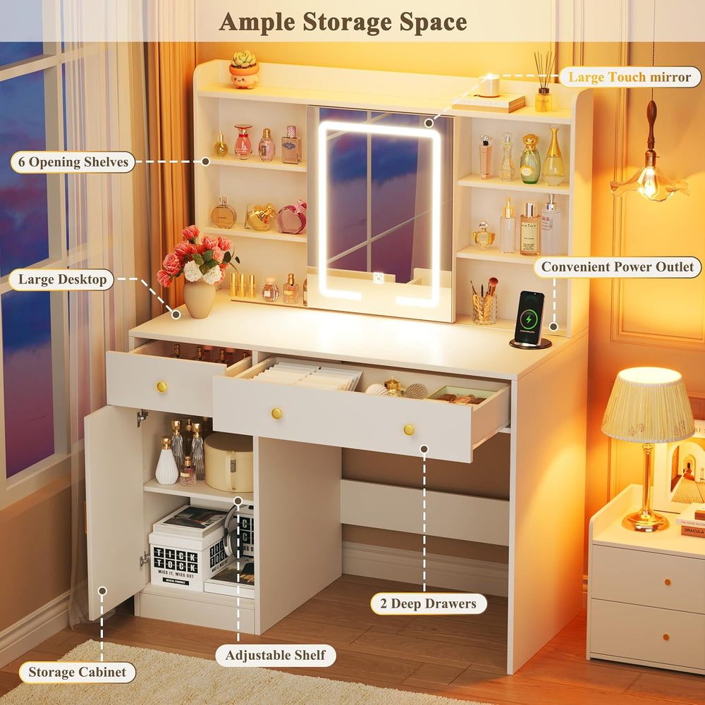 HUAHUU 37.4" Vanity Desk with Mirror and Lights, Makeup Vanity with LED ...