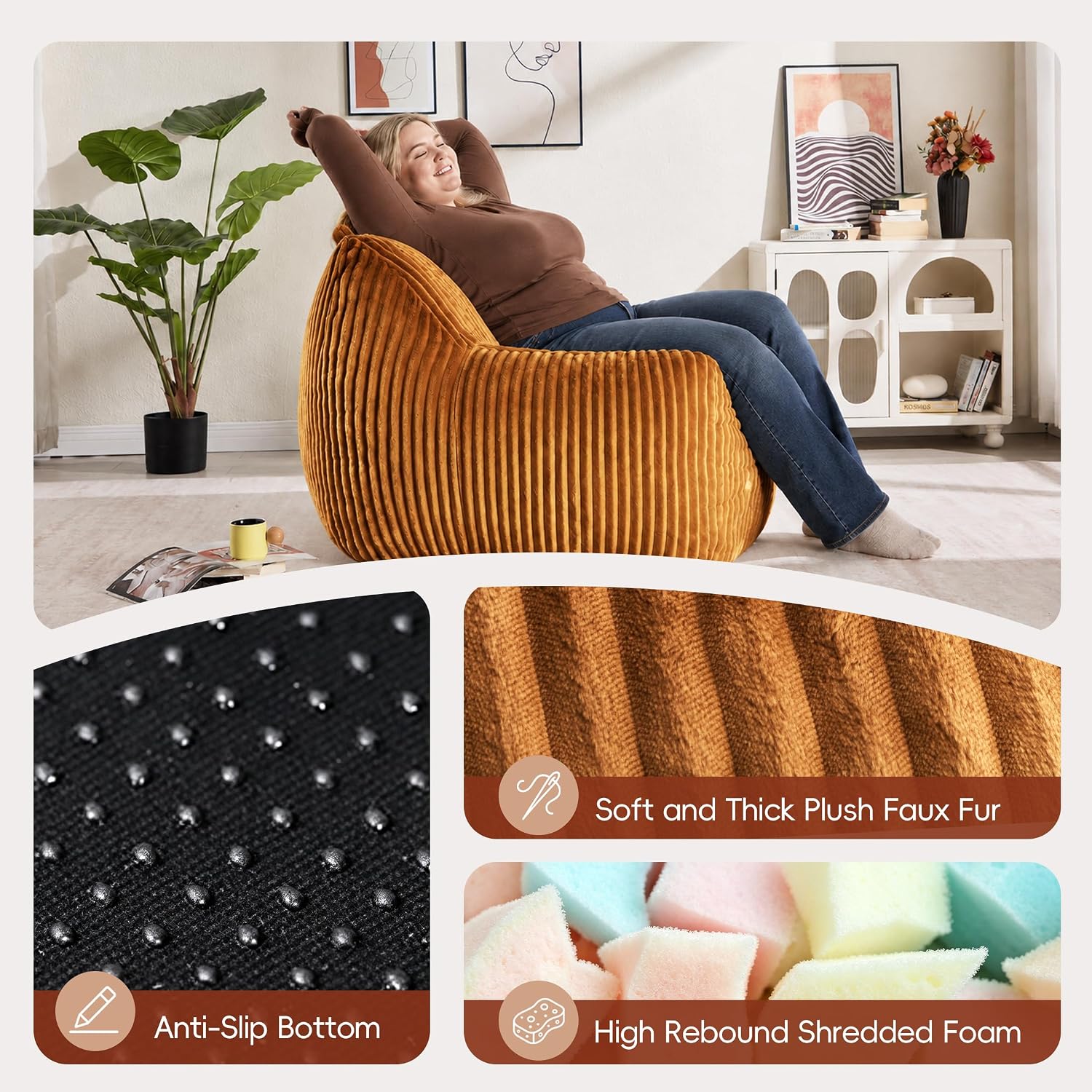 Large Bean Bag Chair for Adults Teens 41 Inch, Big Fluffy Beanbag Sofa with Back Support & Armrests, Plush Foam Filled Comfy Couch for Bedroom Gaming Living Room Reading (Orange)