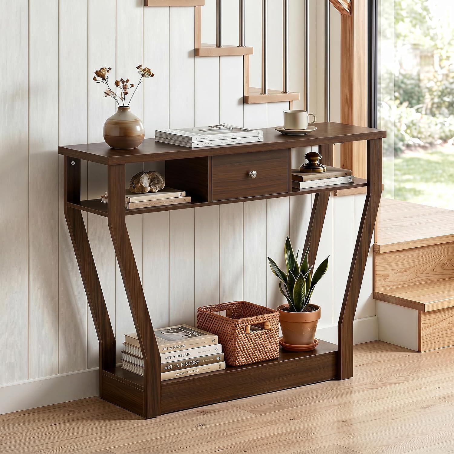 Giantex 43" Modern Console Table with Drawer & Storage Shelf, Walnut | Narrow Entryway Table w/Geometric Angled-Leg Design, Mid-Century Behind Couch Sofa Table for Living Room, Hallway, Entrance