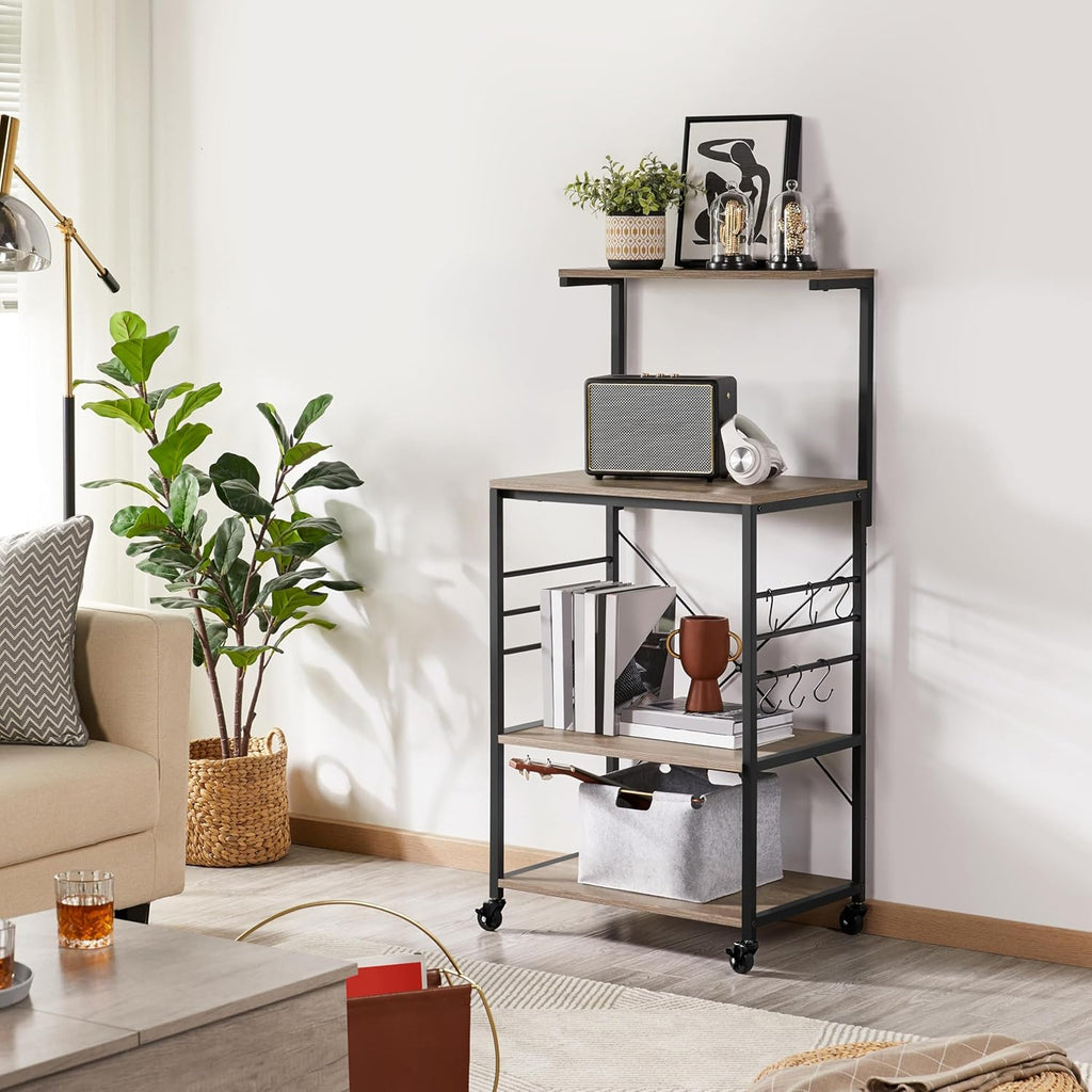 Yaheetech 4-Tier Rolling Bakers Rack,Microwave Stand Kitchen Cart,Gray | Kitchen Bakers Rack on Wheels with 6 S-Side Hooks and Adjustable Feet, Utility Storage Shelf