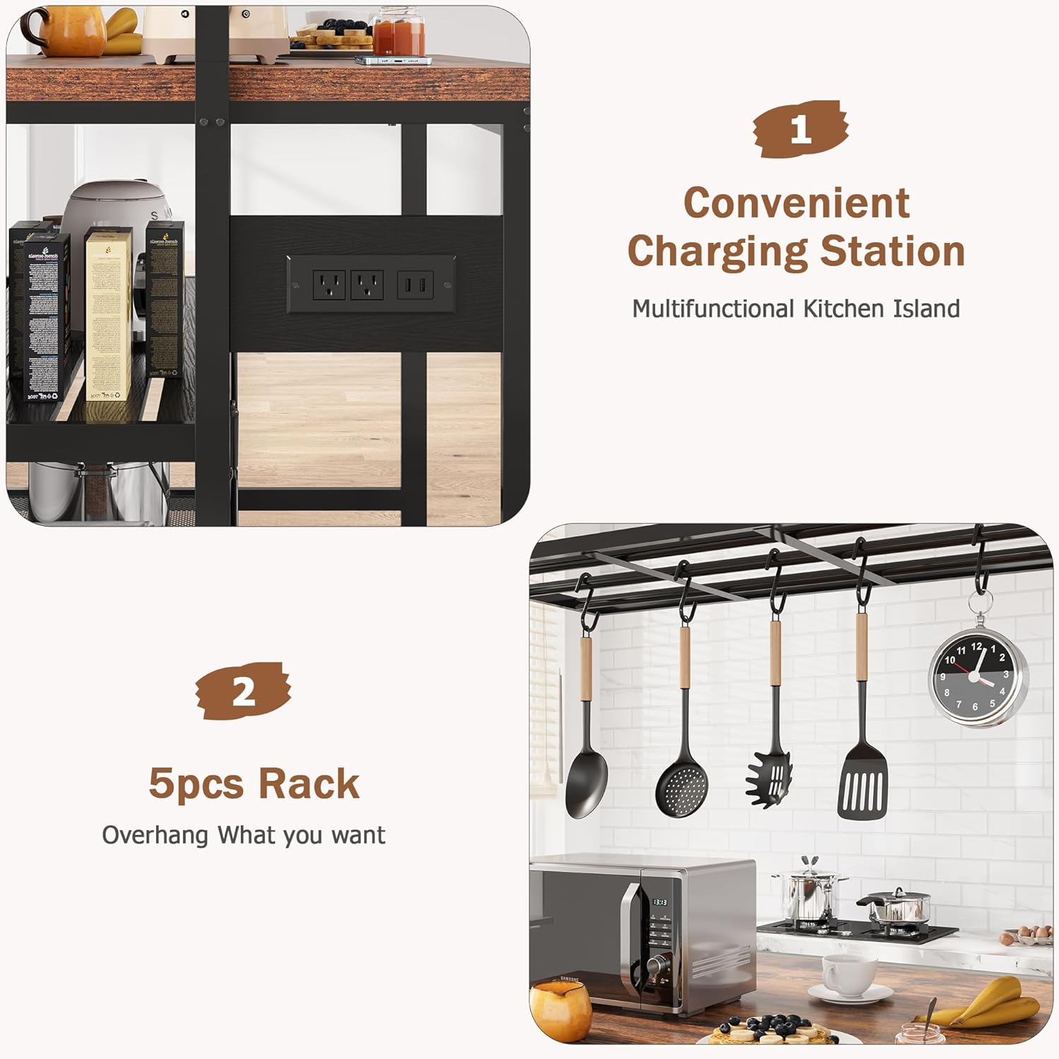 IDEALHOUSE 47" Kitchen Island with Electrical Outlets - Rolling Microwave Stand with 3-Tier Shelves, 5 Hooks & 400lb Capacity (Black & Wood)