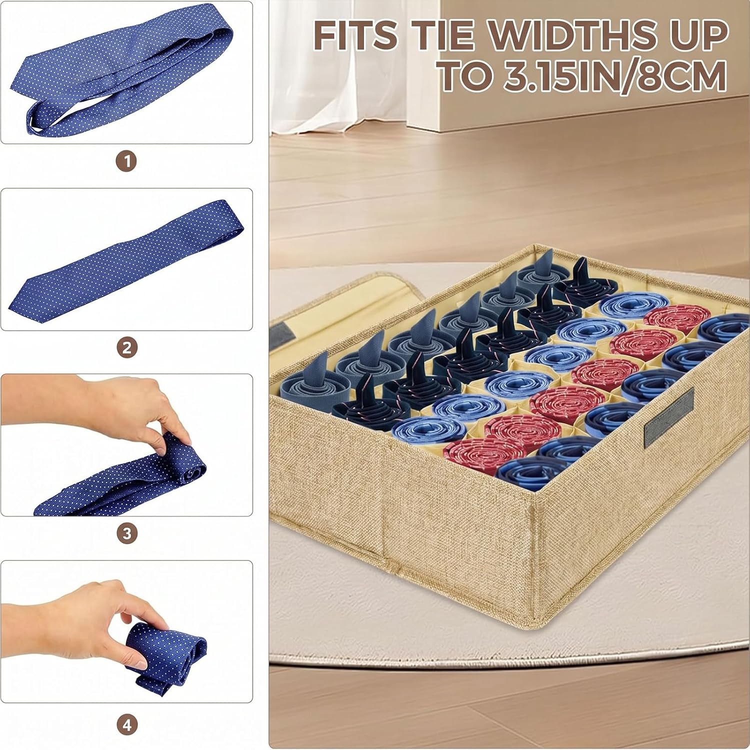 Beige Sock Organizer Divider 2 Pack with Lid - 30 Cell Foldable Closet Storage, Tie Organizer For Men Boxes for Socks, Ties, Belts